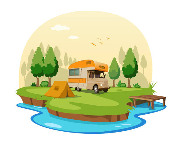 ilustraciones, imágenes clip art, dibujos animados e iconos de stock de caravana - outdoors tent tourism animals in the wild