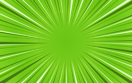 Bright green exploding retro comic background with rounded halftone highlight shadow and circle of dark and light stipes. Cartoon eco backdrop for comics book, advertising design, poster, print
