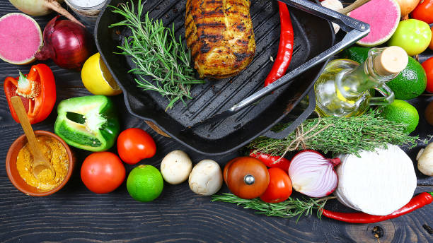 istock Beef steak vegetables and spices on a pan. menu restaurant. top flat view. Food background 1130686376