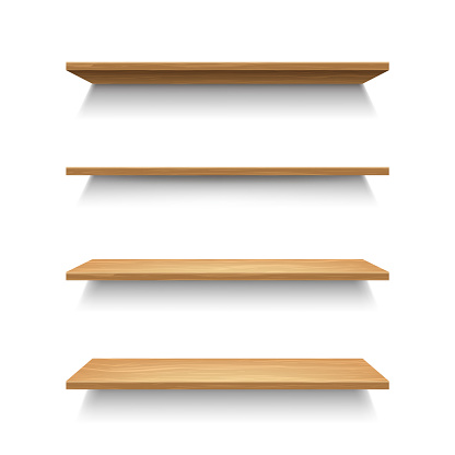 Realistic 3d Detailed Wooden Shelves Set Isolated on a White Background for Interior Store or Home. Vector illustration