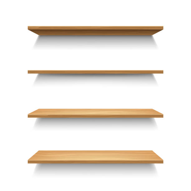 Realistic 3d Detailed Wooden Shelves Set. Vector Realistic 3d Detailed Wooden Shelves Set Isolated on a White Background for Interior Store or Home. Vector illustration shelf stock illustrations