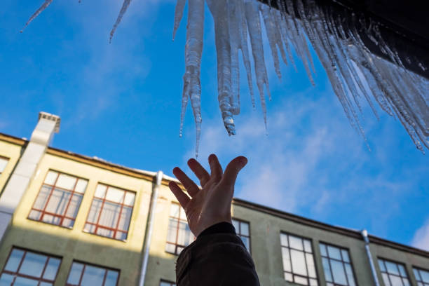 Long icicles fall from the roof on winter and early spring. It is a danger to people.