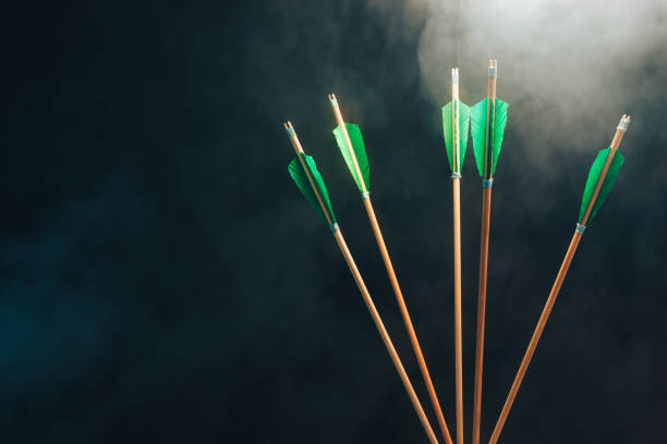 istock Five wood arrow. Beautiful smog background. Medieval weapons are handmade. 1130689956