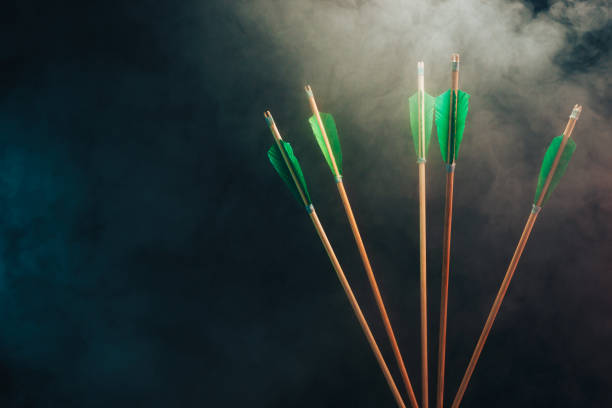 istock Five wood arrow. Beautiful smog background. Medieval weapons are handmade. 1130690004
