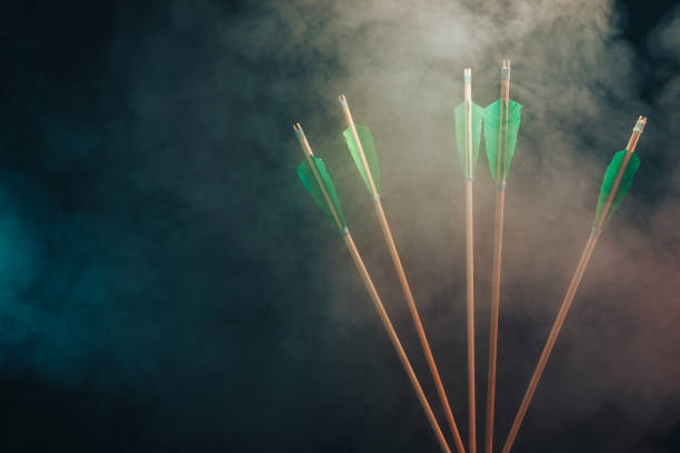 istock Five wood arrow. Beautiful smog background. Medieval weapons are handmade. 1130690012