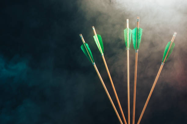 istock five wood arrow. Beautiful smog background. Medieval weapons are handmade. 1130690018