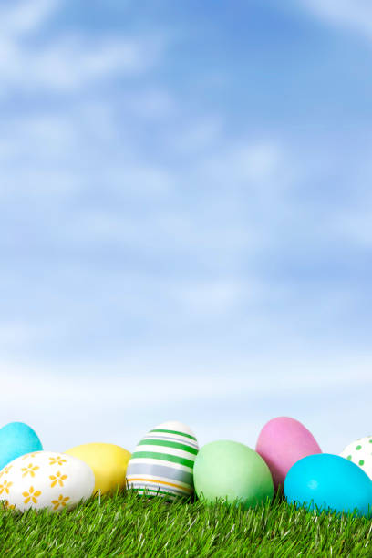 easter eggs on green grass over blue sky - nature selective focus green vertical imagens e fotografias de stock