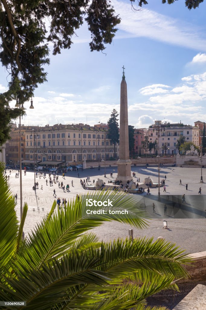 People's Square. Piazza del Popolo and Egyptian obelisk on it, dating from the 13th century BC. Ancient Stock Photo