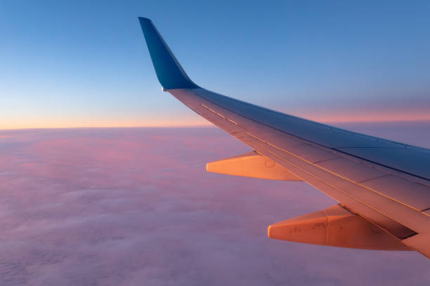 istock Aircraft wing with  the pink clouds. 1130690675
