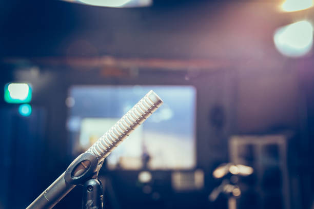 istock Speaker on the stage: Young Caucasian man is talking into a mirophone 1130692383