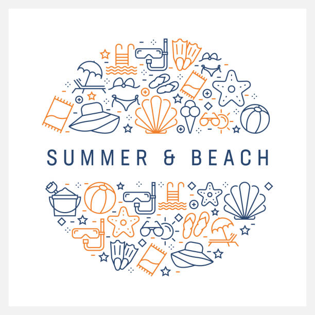 illustrazioni stock, clip art, cartoni animati e icone di tendenza di concetto estate e spiaggia - icone di linea colorate, disposte in cerchio - sunglasses summer sun backgrounds