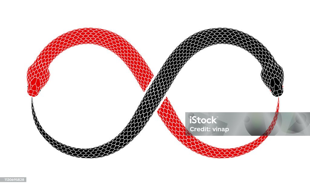 Vector Ouroboros sign tattoo design with two intertwined snakes eating their tails. Vector illustration of two snakes intertwined in shape of Ouroboros sign are eating their tails. Tattoo design with red and black serpents isolated on a white background. Snake stock vector