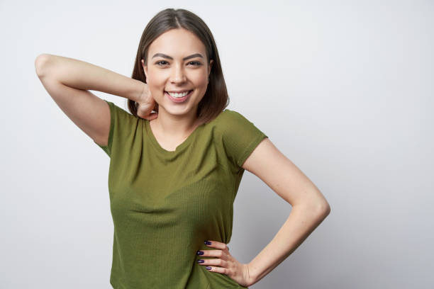 istock Happy playful brunette woman looking at copy space 1130696700
