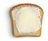 Bread slice with butter on white clipping path included