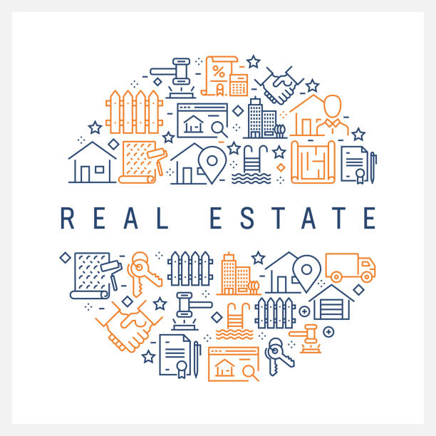 Real Estate Concept - Colorful Line Icons, Arranged in Circle Real Estate Concept - Colorful Line Icons, Arranged in Circle key illustrations stock illustrations