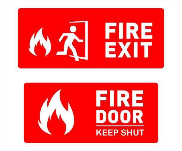 illustrazioni stock, clip art, cartoni animati e icone di tendenza di segnale di uscita antincendio e segnale di sicurezza della porta antincendio - fire exit sign