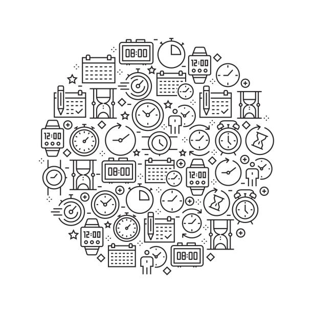 Time Related Concept - Black and White Line Icons, Arranged in Circle Time Related Concept - Black and White Line Icons, Arranged in Circle clock designs stock illustrations