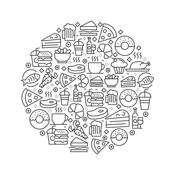 Food and Drink Concept - Black and White Line Icons, Arranged in Circle Food and Drink Concept - Black and White Line Icons, Arranged in Circle lunch designs stock illustrations