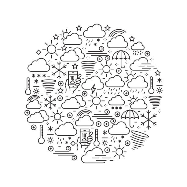 ilustraciones, imágenes clip art, dibujos animados e iconos de stock de relacionados con el clima - los iconos de línea blanco y negro, dispuestos en círculo - seamless pattern meteorology snowflake