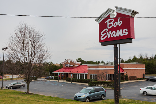 Hickory, NC, USA-2/15/19: A Bob Evans restaurant and sign, a chain owned by Golden Gate Capital.