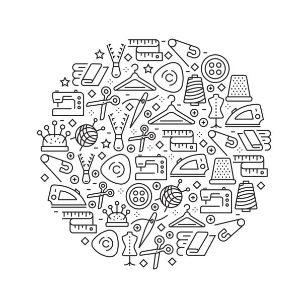 ilustrações de stock, clip art, desenhos animados e ícones de sewing concept - black and white line icons, arranged in circle - sewing needlecraft product needle backgrounds