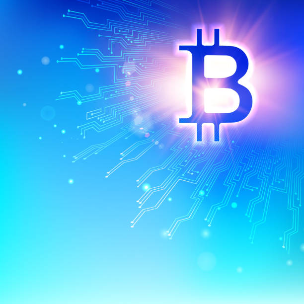 istock Abstract blue background with shining bitcoin symbol and mother board circuits. Digital blockchain network concept. 1130702209