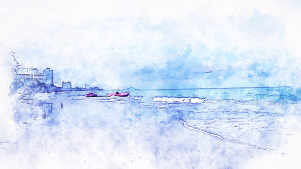 istock Abstract sea soft wave watercolor illustration painting background. 1130705594