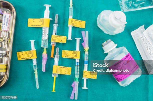 Preparation Of Medication Injection In Hospital Syringes With Labels preparation-of-medication-injection-in-hospital-syringes-with-labels