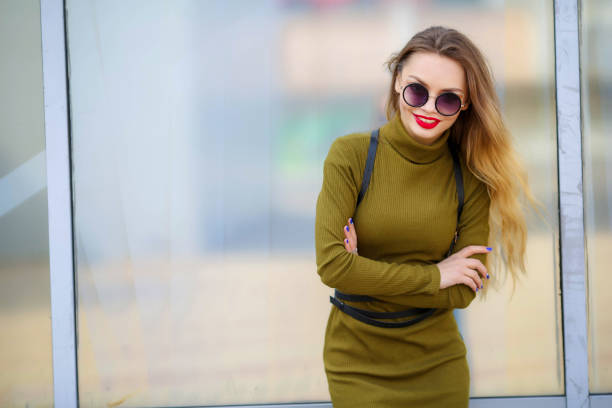 stylish girl in trendy clothes in the slim dress - fashionable the human body short hair human head imagens e fotografias de stock