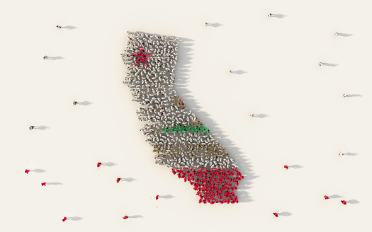 Large group of people forming California flag in The United States of America in social media and community on white background. 3d sign symbol of crowd illustration from above gathered together