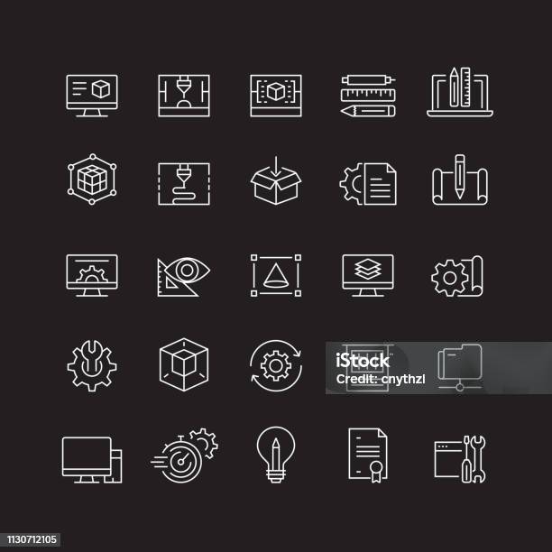 3d Printing And Modeling Line Icons Set Stock Illustration - Download Image Now - 3D Printing, Construction Industry, Abstract