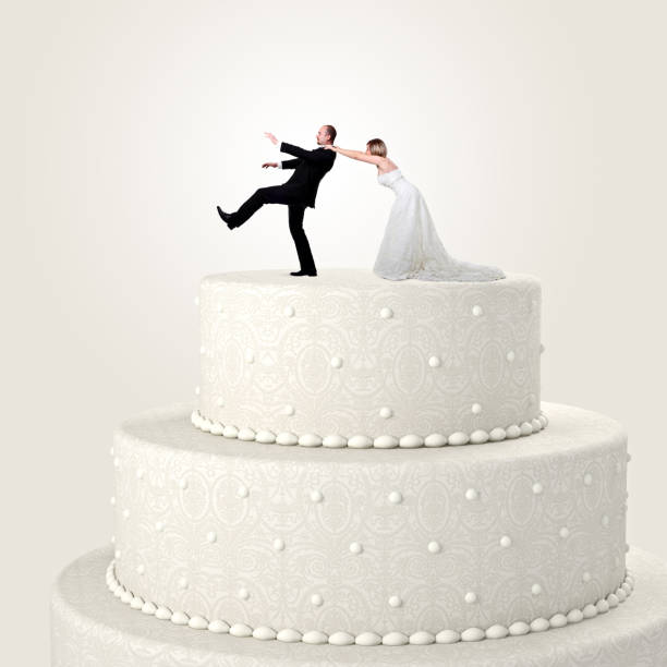 istock Digital Composite Image Of Bride Pulling Bridegroom On Wedding Cake Against White Background 1130712121