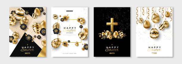 Easter black and gold posters Easter black and gold posters or flyers design set with eggs and spring flowers. Vector illustration. Place for your text church borders stock illustrations