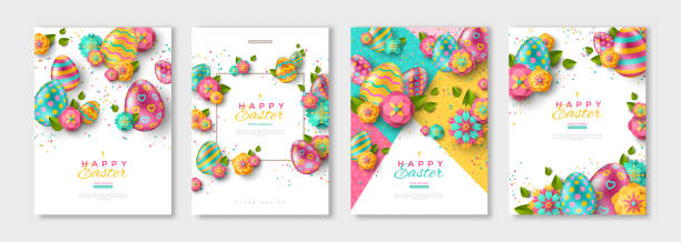 부활절 포스터 또는 전단지 세트 - decoration eggs leaf easter stock illustrations