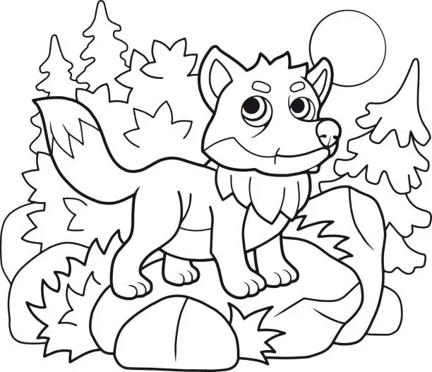 Vector illustration of little cute fox, coloring book, funny illustration