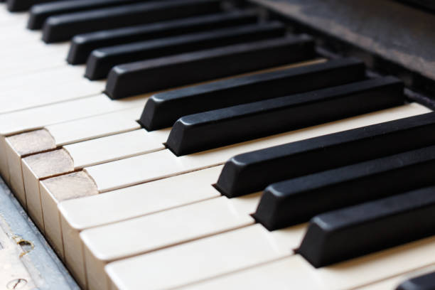 istock Closeup of old piano keyboard shallow focus 1130717285