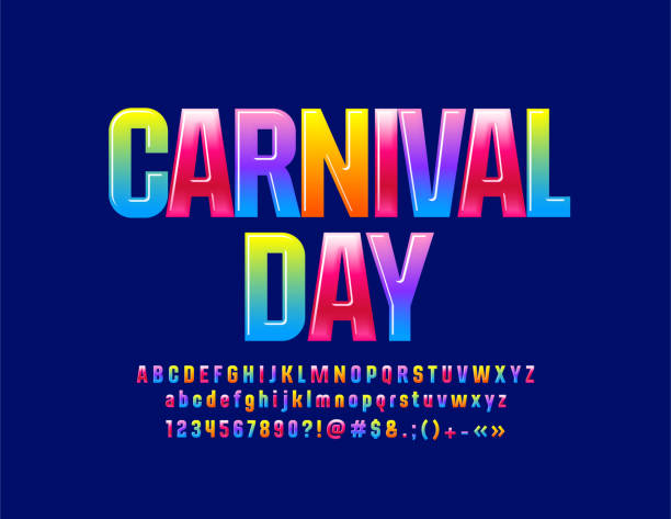 Vector glossy colorful banner Carnival Day. Sweet Alphabet Letters, Numbers and Symbols for Children Cute bright Font school fete stock illustrations