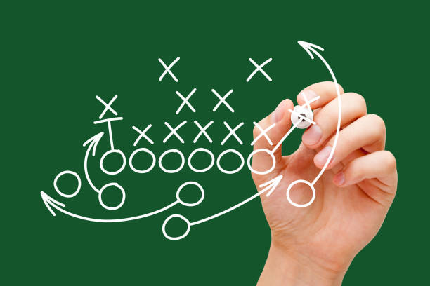 Coach Drawing American Football Playbook Coach drawing american football or rugby game playbook, strategy and tactics with white marker on green background. offense sporting position photos stock pictures, royalty-free photos & images