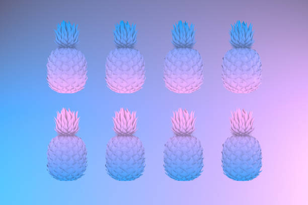 Neon color gradient background, minimal design, pineapple, tropical climate. Summer travel concept.