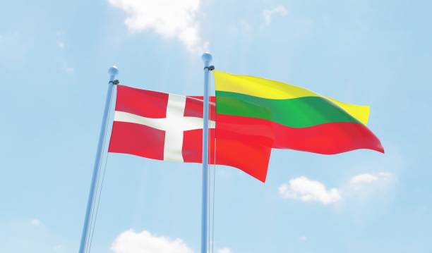 istock Lithuania and Denmark, two flags waving against blue sky 1130722551