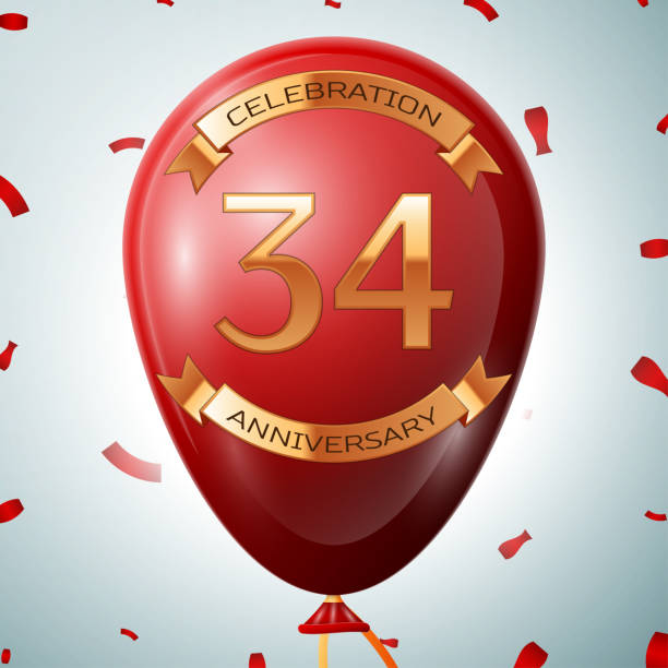 istock Realistic Red balloon and gold ribbon, confetti with inscription thirty four 34 Years Anniversary Celebration on grey background. Vector Illustration 1130723773