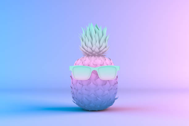 Neon color gradient background, minimal design, pineapple, tropical climate. Summer travel concept.