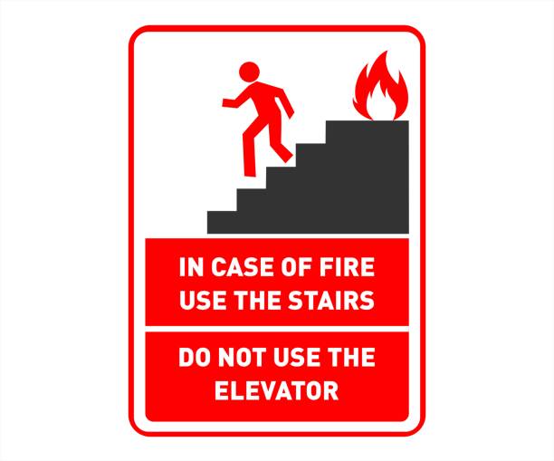 illustrazioni stock, clip art, cartoni animati e icone di tendenza di segnale di sicurezza antincendio, poster - usa le scale e non l'ascensore - fire exit sign