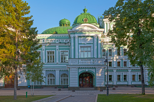 Omsk, Russia - July 07 2018: The Omsk State Academic Drama Theater (Russian: Омский академический театр драмы) is the largest and oldest Russian academic drama theater in Siberia.