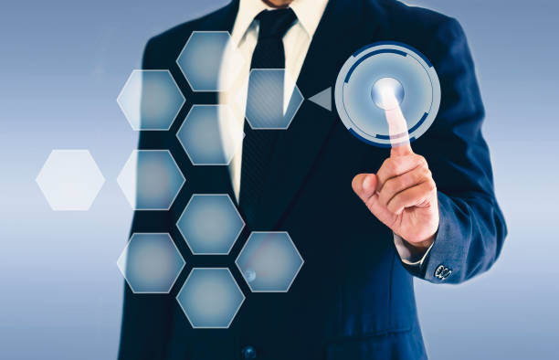istock Businessman touching cycle button on virtual screen.  Copy space for your text or image. 1130727418