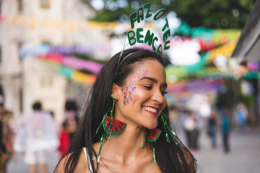 Playa Blanca, Lanzarote, Spain - March 30, 2019: Female Carnival Dancer in Flamboyant Costume.