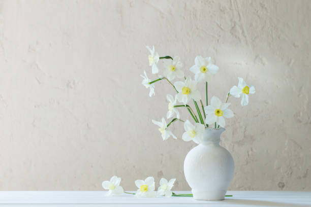 istock white narcissus in vase on wooden table 1130729876