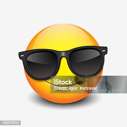 istock Cute smiling emoticon wearing black sunglasses, emoji, smiley - vector illustration 1130731747
