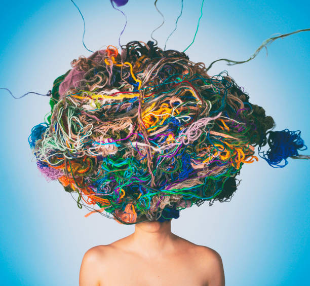 I am a mess Conceptual photo compilation of woman with tangled threads and wool on head. Tangled situation concept. tangled photos stock pictures, royalty-free photos & images