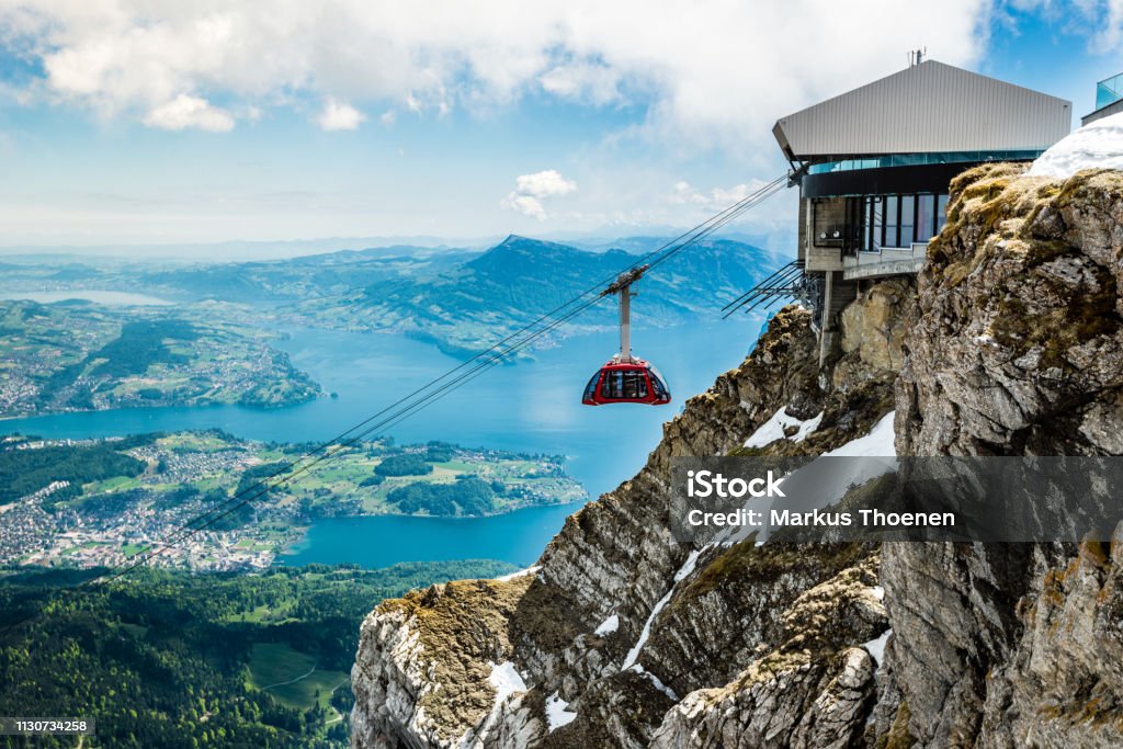 Pilatus Kulm and cable car, summit over Lake Lucerne, Switzerland, Europe Pilatus Kulm and cable car, summit above Lake Lucerne, Switzerland, Europe Switzerland Stock Photo
